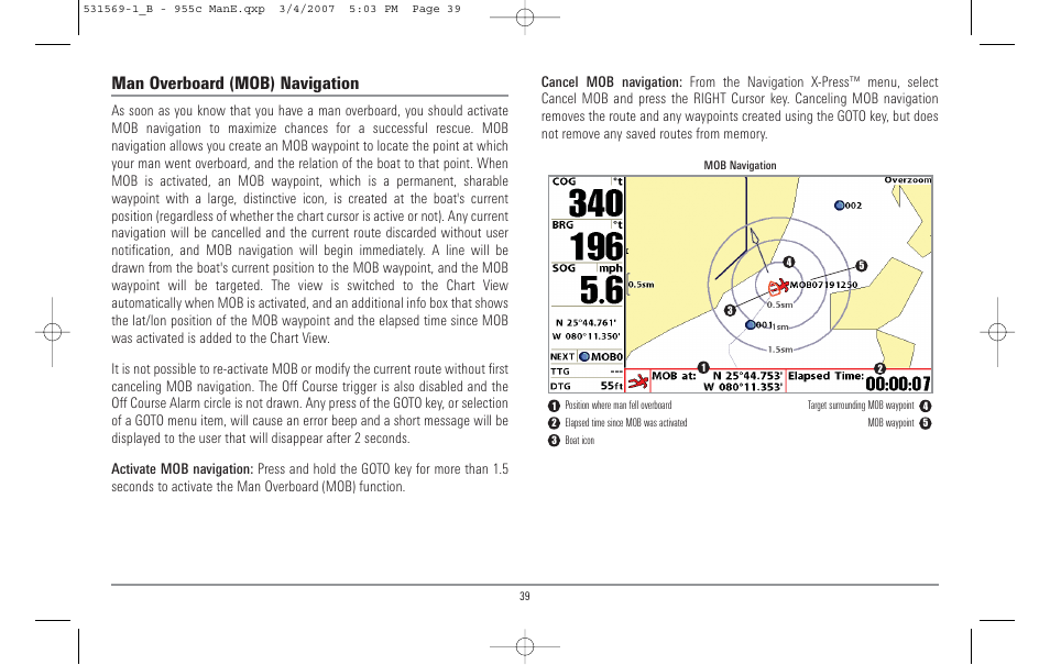 Man overboard (mob) navigation | Humminbird 955C User Manual | Page 45 / 96