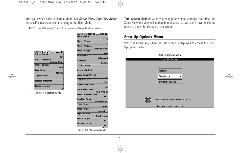 Start-up options menu | Humminbird 955C User Manual | Page 47 / 96