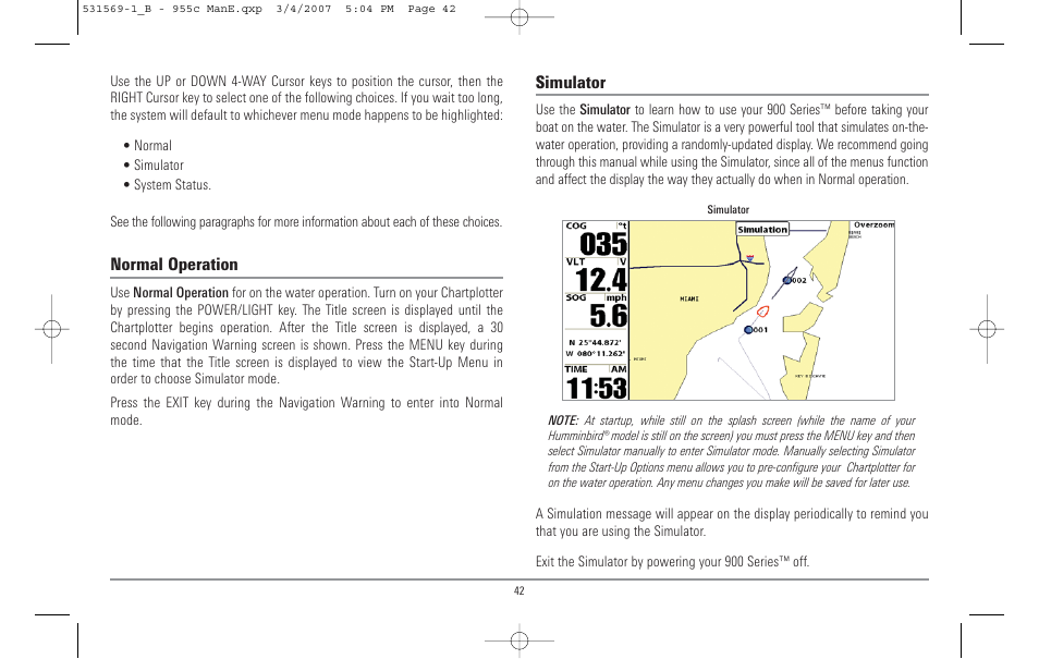 Normal operation, Simulator | Humminbird 955C User Manual | Page 48 / 96