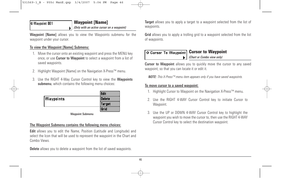 Waypoint [name, Cursor to waypoint | Humminbird 955C User Manual | Page 52 / 96