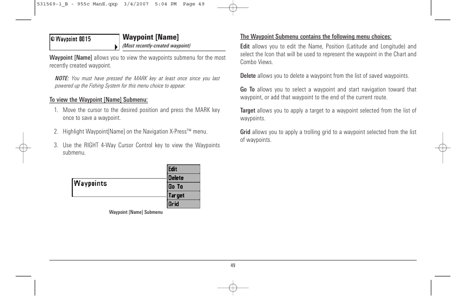 Waypoint [name | Humminbird 955C User Manual | Page 55 / 96