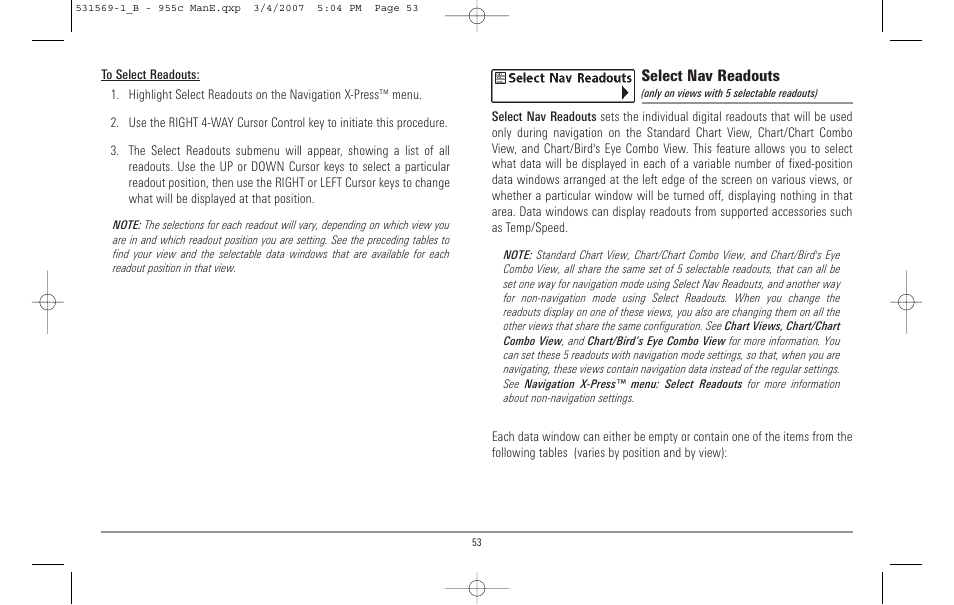 Select nav readouts | Humminbird 955C User Manual | Page 59 / 96