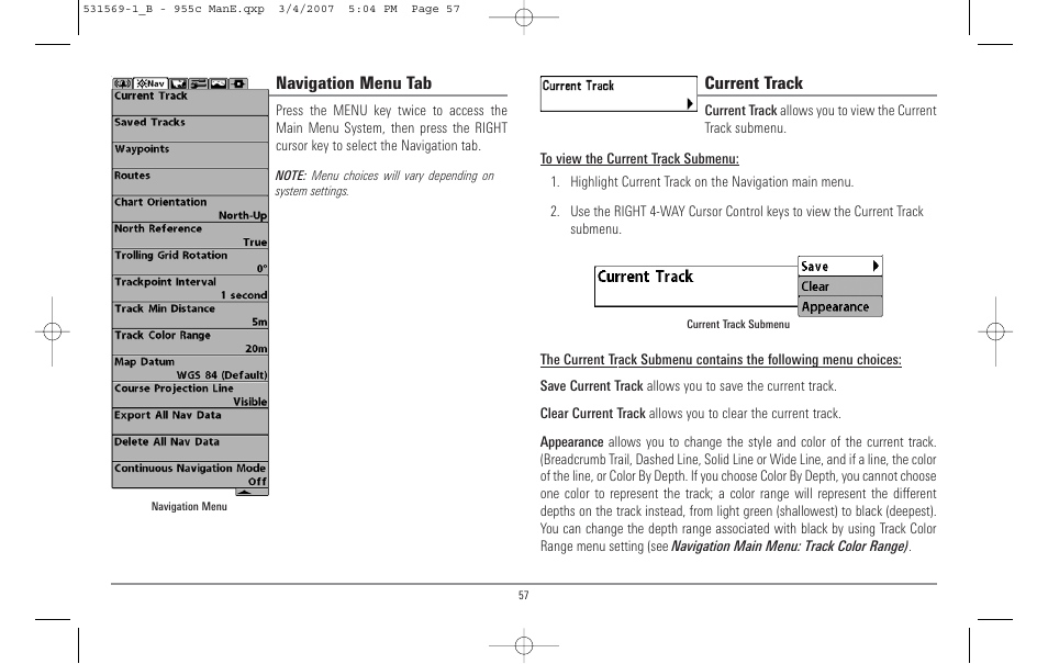 Navigation menu tab, Current track | Humminbird 955C User Manual | Page 63 / 96