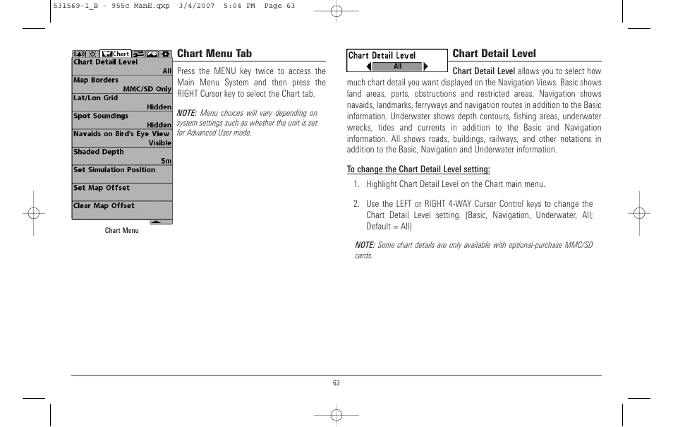 Chart menu tab, Chart detail level | Humminbird 955C User Manual | Page 69 / 96