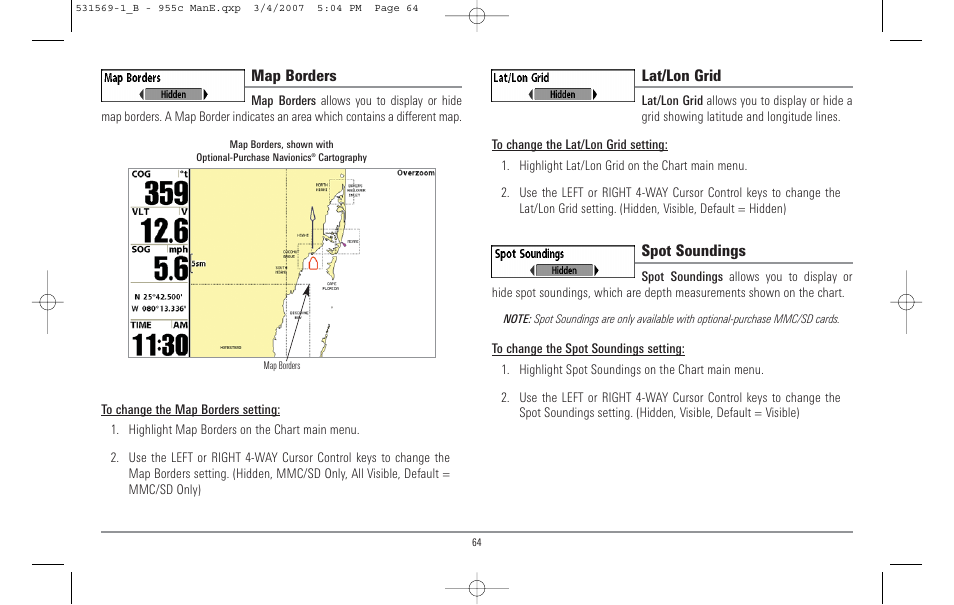 Map borders, Lat/lon grid, Spot soundings | Humminbird 955C User Manual | Page 70 / 96