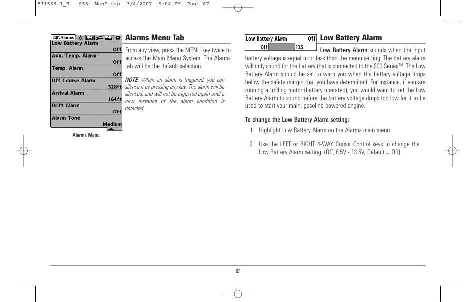 Alarms menu tab, Low battery alarm | Humminbird 955C User Manual | Page 73 / 96
