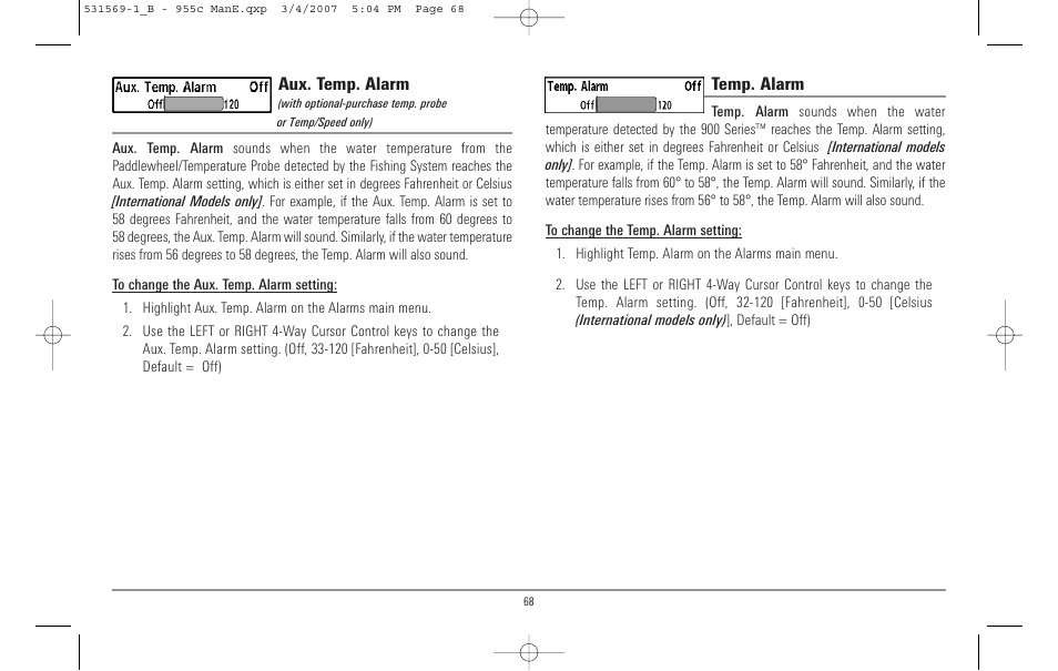 Aux. temp. alarm, Temp. alarm | Humminbird 955C User Manual | Page 74 / 96