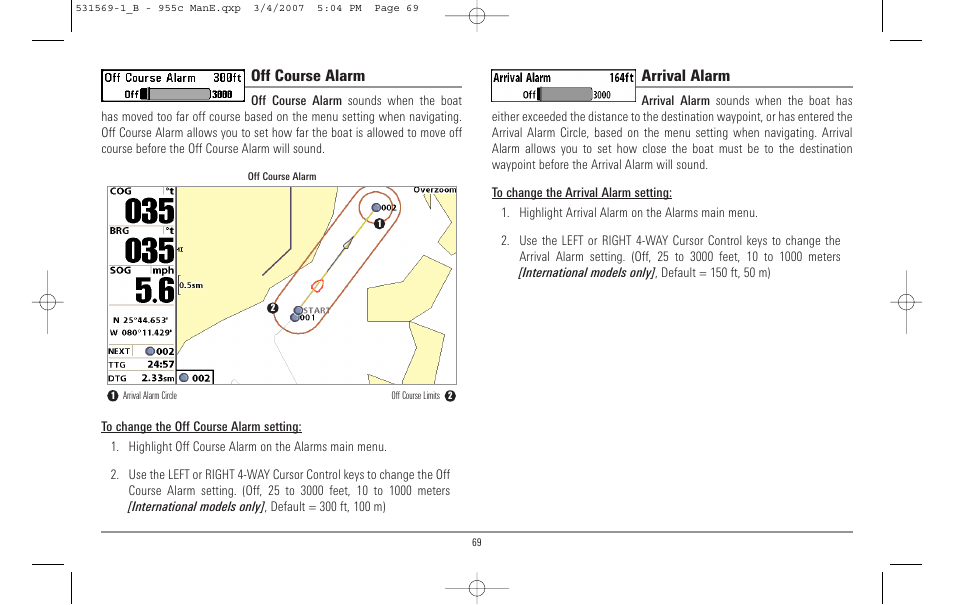 Off course alarm, Arrival alarm | Humminbird 955C User Manual | Page 75 / 96