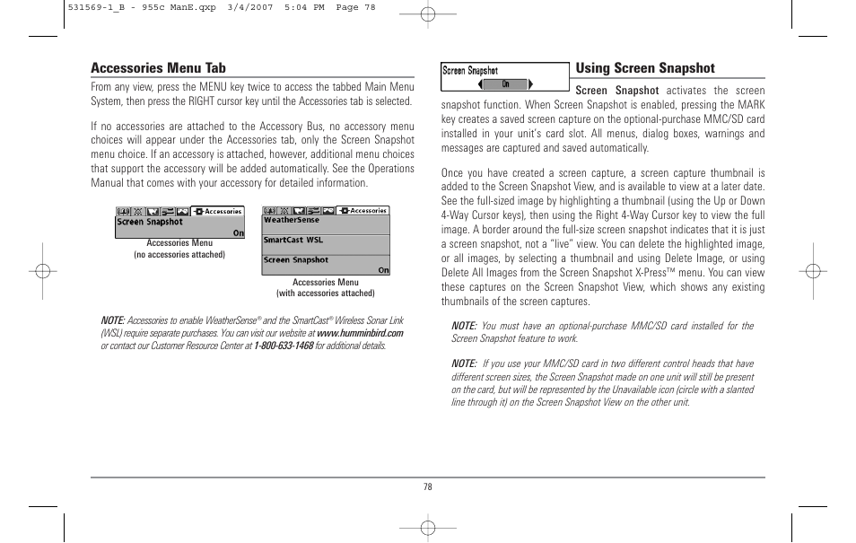 Accessories menu tab, Using screen snapshot | Humminbird 955C User Manual | Page 84 / 96