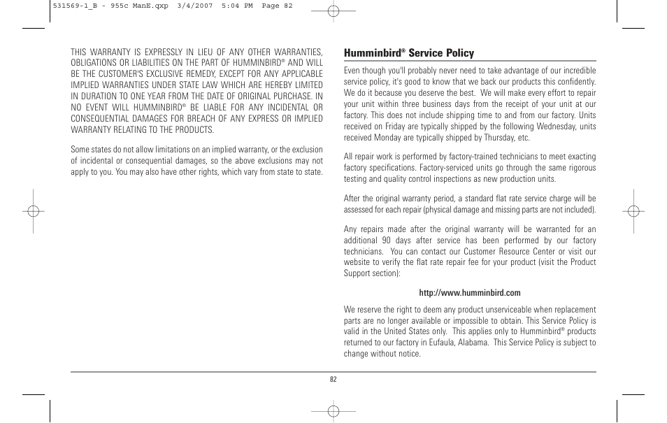 Humminbird® service policy | Humminbird 955C User Manual | Page 88 / 96
