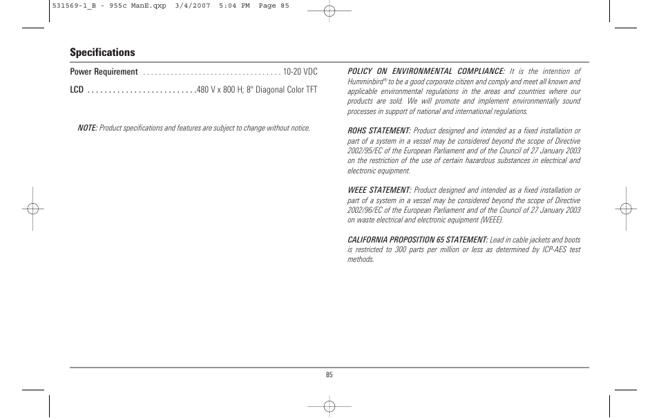 Specifications | Humminbird 955C User Manual | Page 91 / 96