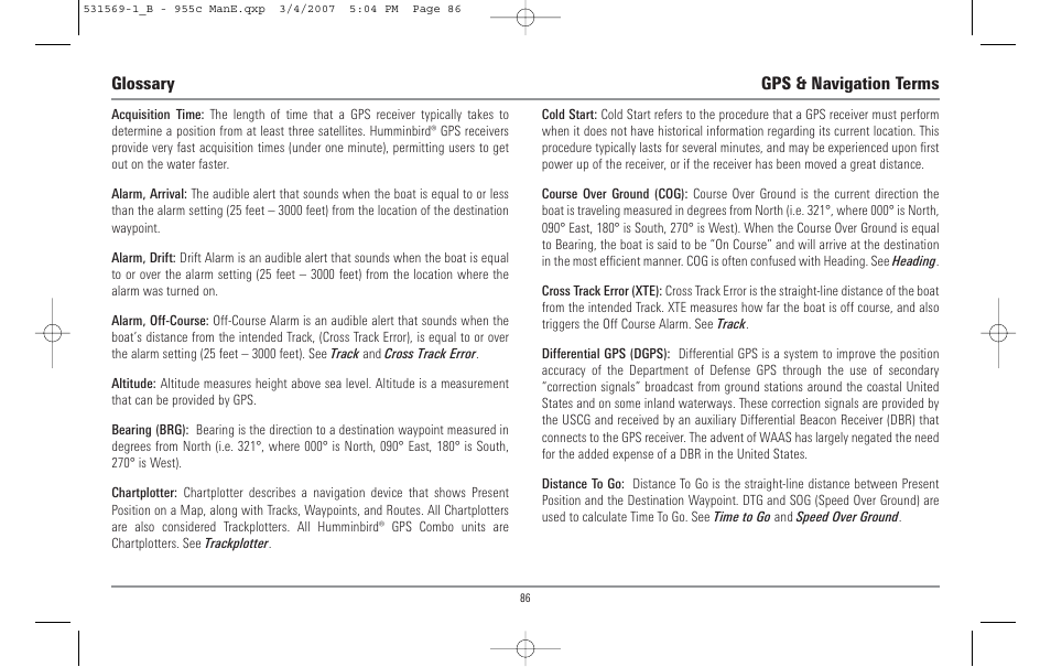 Glossary gps & navigation terms | Humminbird 955C User Manual | Page 92 / 96