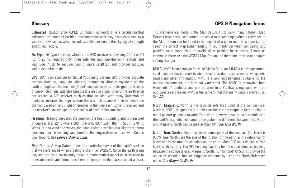Glossary gps & navigation terms | Humminbird 955C User Manual | Page 93 / 96