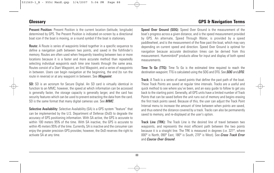 Glossary gps & navigation terms | Humminbird 955C User Manual | Page 94 / 96