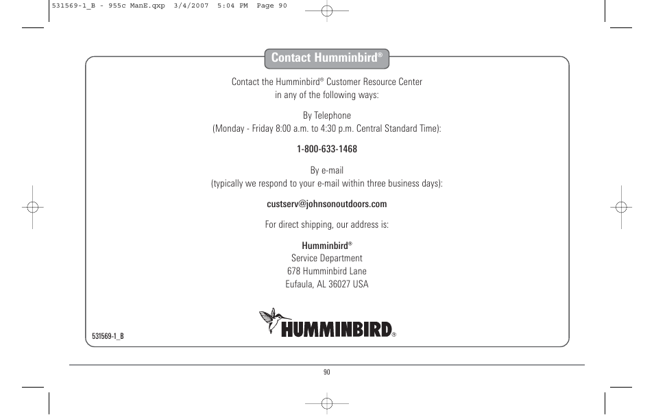 Contact humminbird | Humminbird 955C User Manual | Page 96 / 96