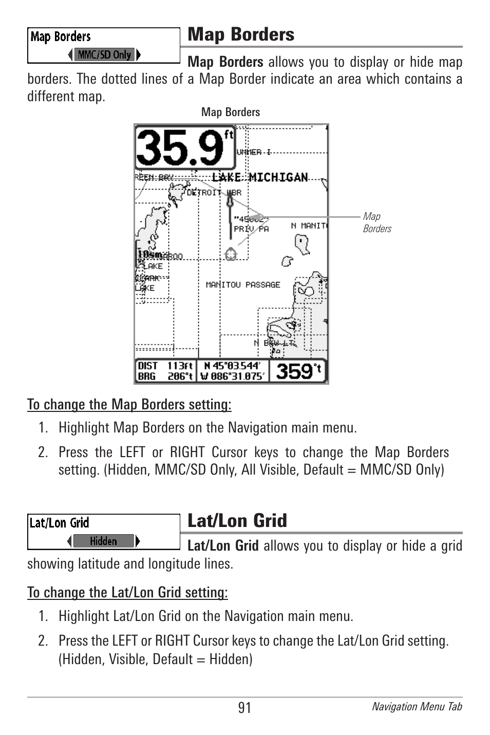 Map borders, Lat/lon grid | Humminbird 597ci User Manual | Page 101 / 143