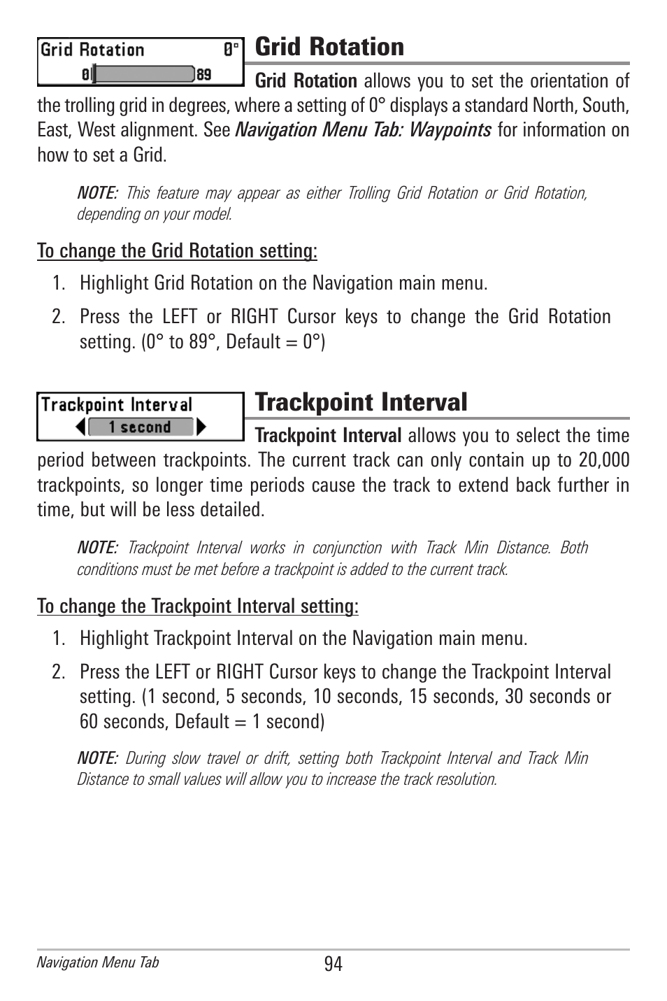 Grid rotation, Trackpoint interval | Humminbird 597ci User Manual | Page 104 / 143