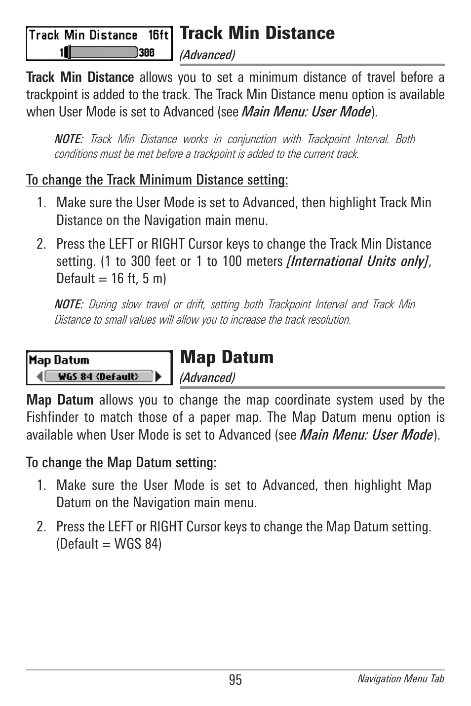 Track min distance, Map datum | Humminbird 597ci User Manual | Page 105 / 143