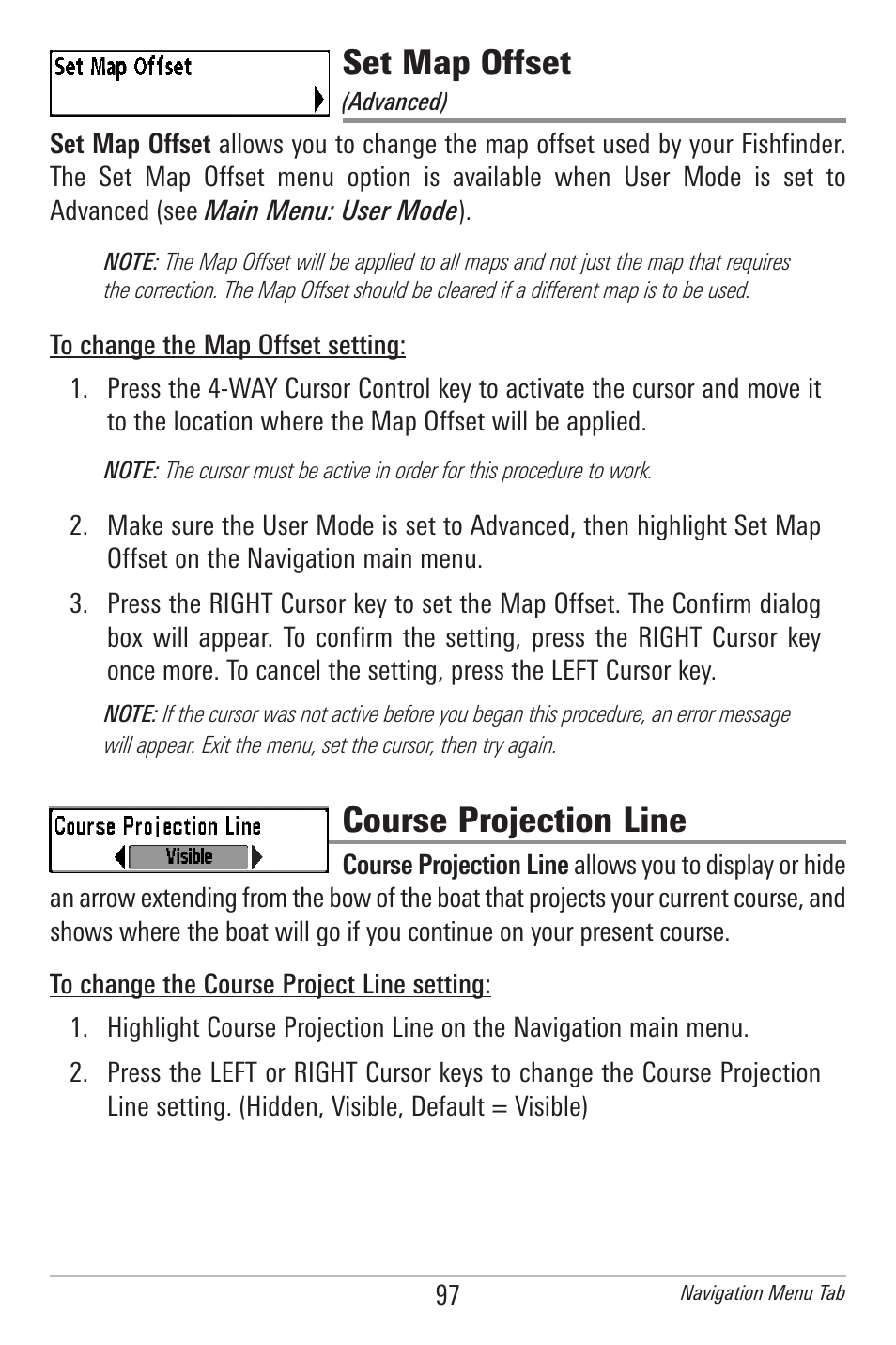 Set map offset, Course projection line | Humminbird 597ci User Manual | Page 107 / 143