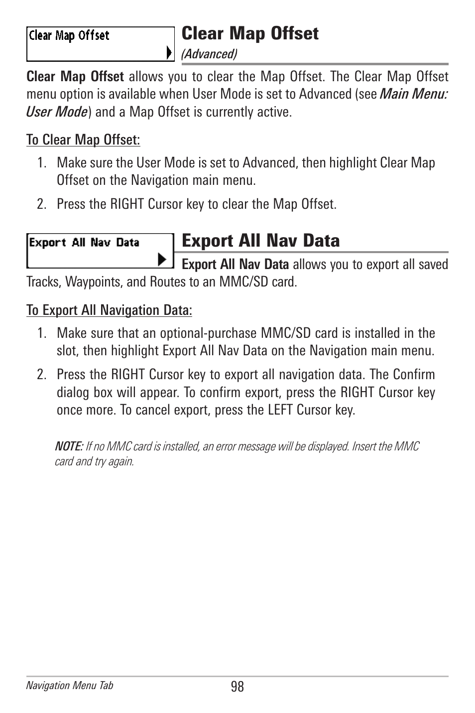 Clear map offset, Export all nav data | Humminbird 597ci User Manual | Page 108 / 143