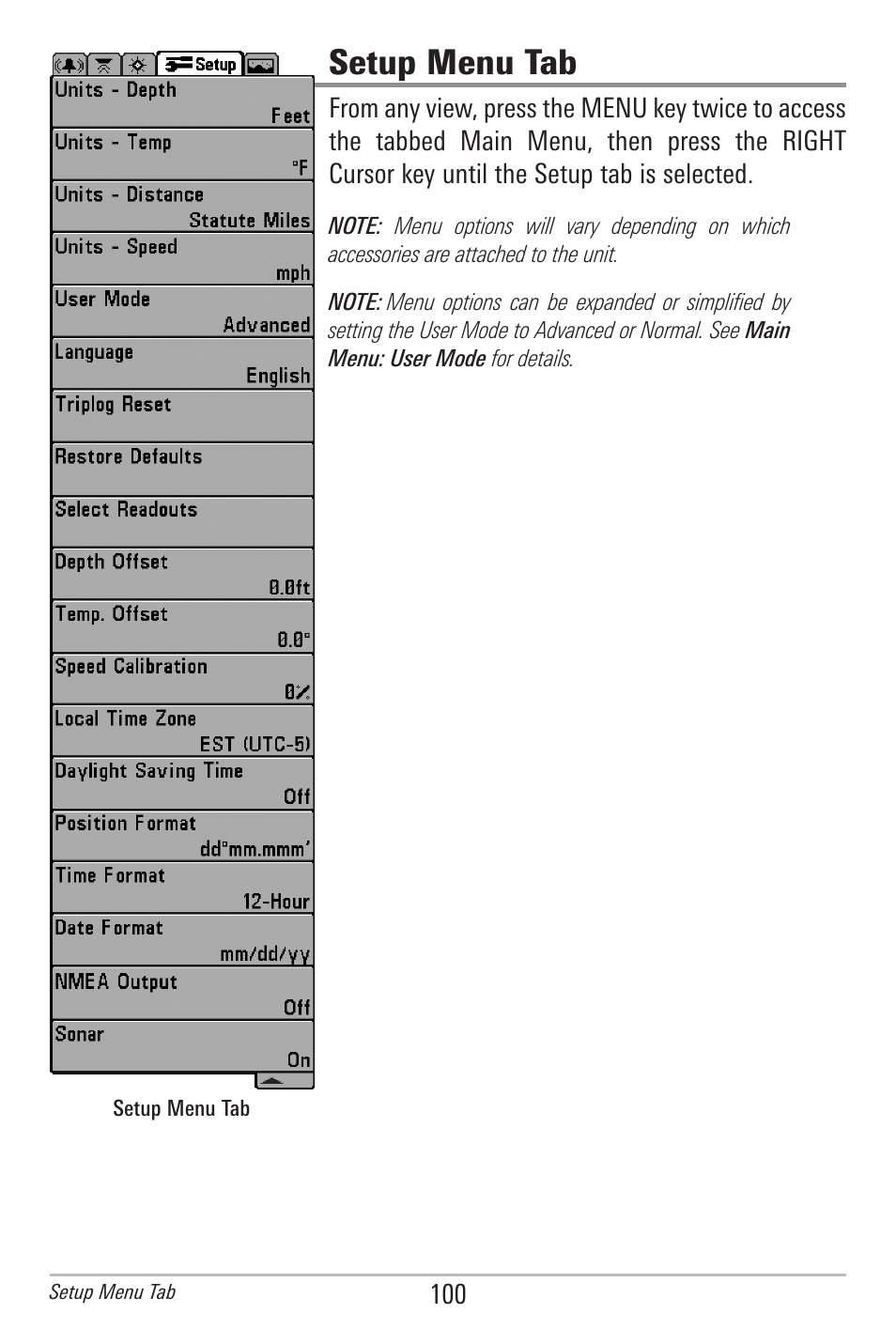 Setup menu tab | Humminbird 597ci User Manual | Page 110 / 143
