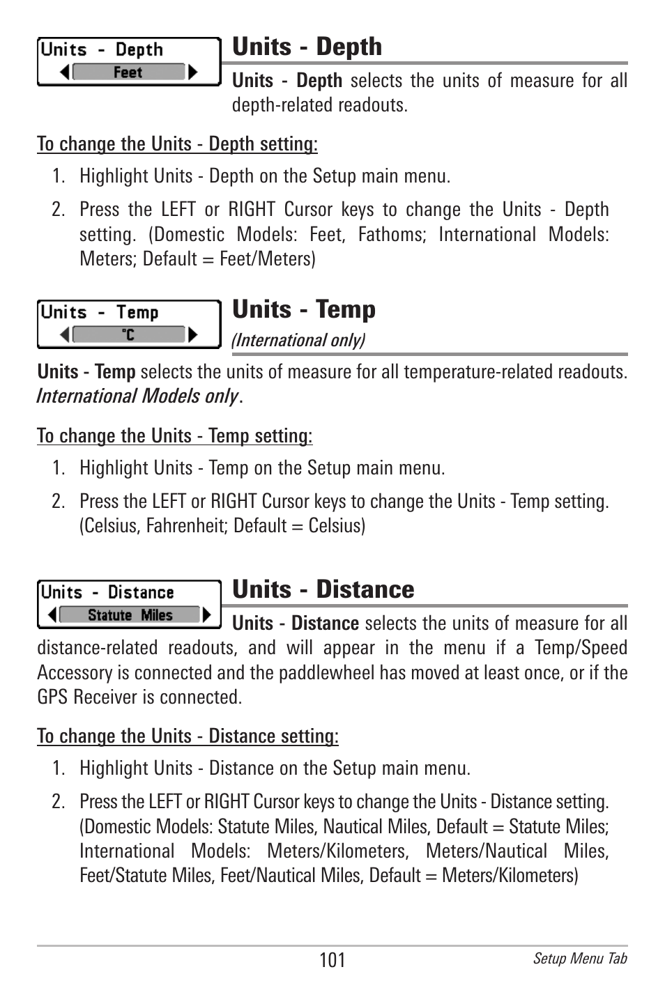 Units - depth, Units - temp, Units - distance | Humminbird 597ci User Manual | Page 111 / 143