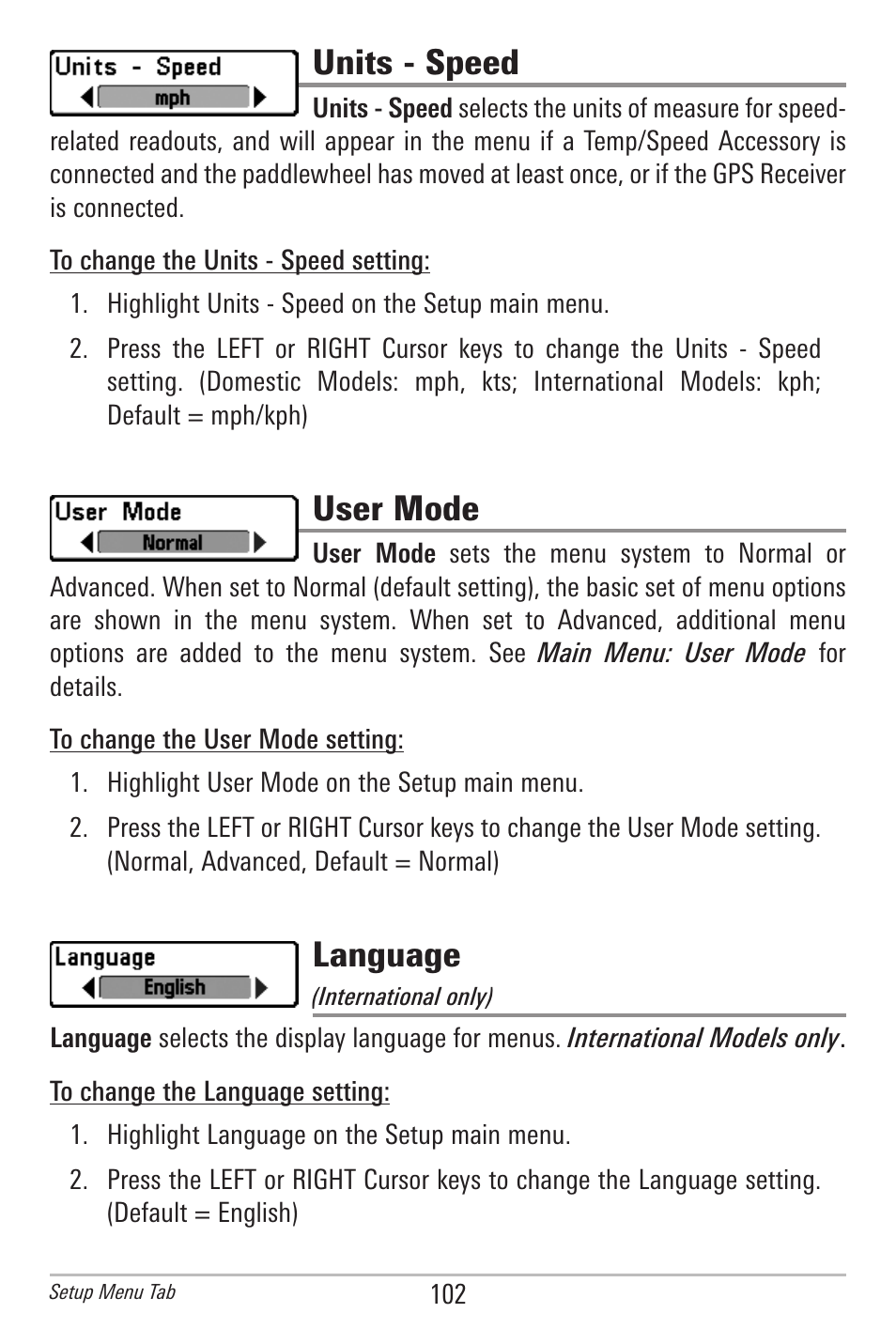 Units - speed, User mode, Language | Humminbird 597ci User Manual | Page 112 / 143