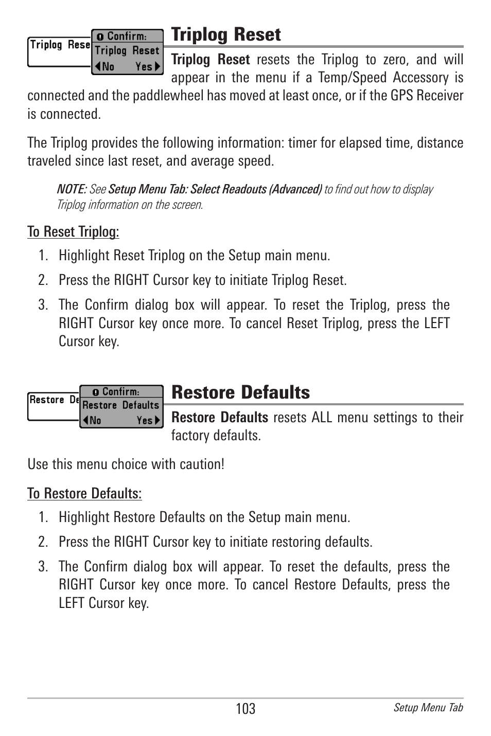 Triplog reset, Restore defaults | Humminbird 597ci User Manual | Page 113 / 143