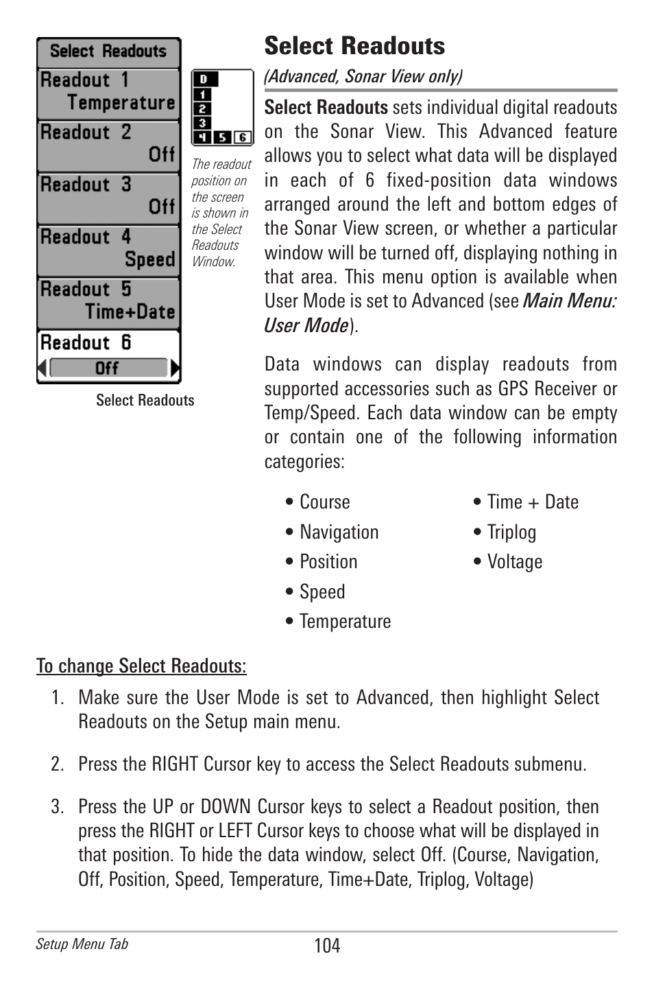 Select readouts | Humminbird 597ci User Manual | Page 114 / 143