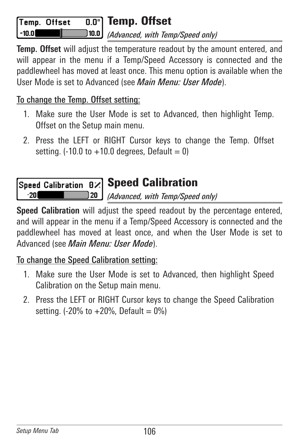 Temp. offset, Speed calibration | Humminbird 597ci User Manual | Page 116 / 143
