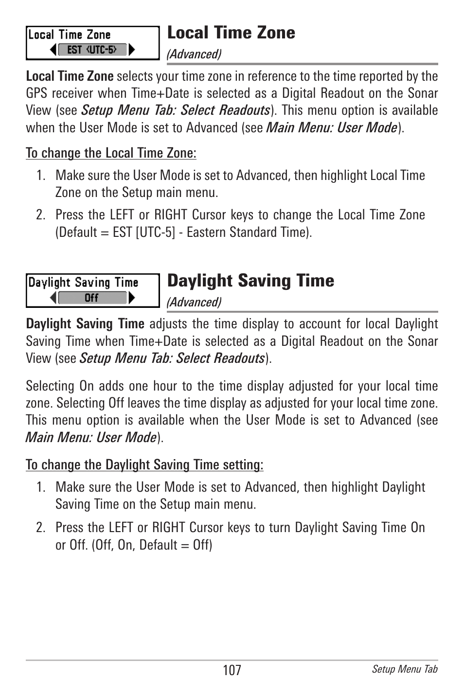 Local time zone, Daylight saving time | Humminbird 597ci User Manual | Page 117 / 143