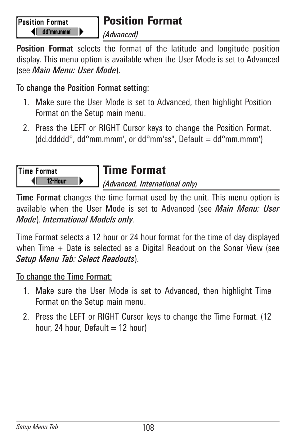 Position format, Time format | Humminbird 597ci User Manual | Page 118 / 143