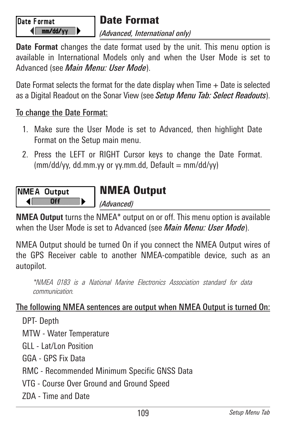 Date format, Nmea output | Humminbird 597ci User Manual | Page 119 / 143