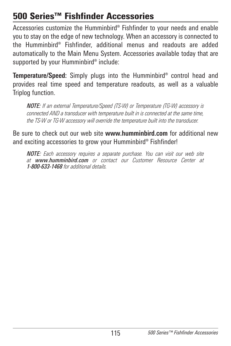 500 series™ fishfinder accessories | Humminbird 597ci User Manual | Page 125 / 143