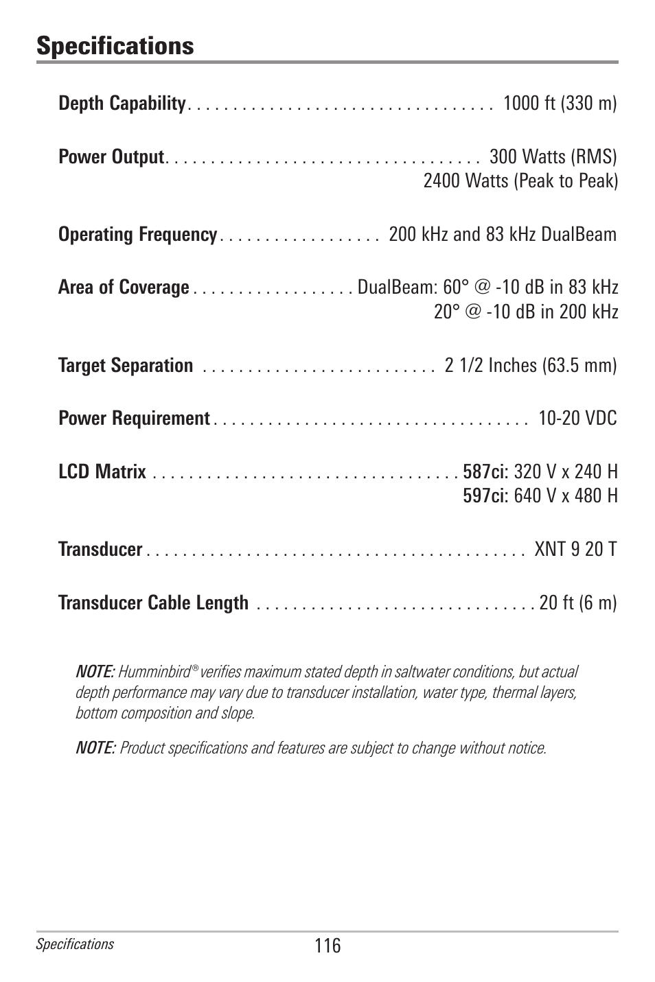 Specifications | Humminbird 597ci User Manual | Page 126 / 143