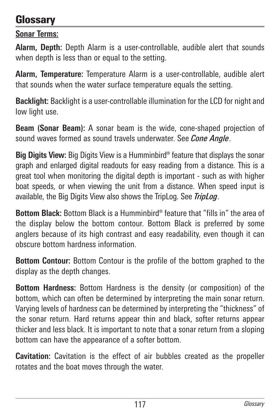 Glossary, Sonar terms | Humminbird 597ci User Manual | Page 127 / 143