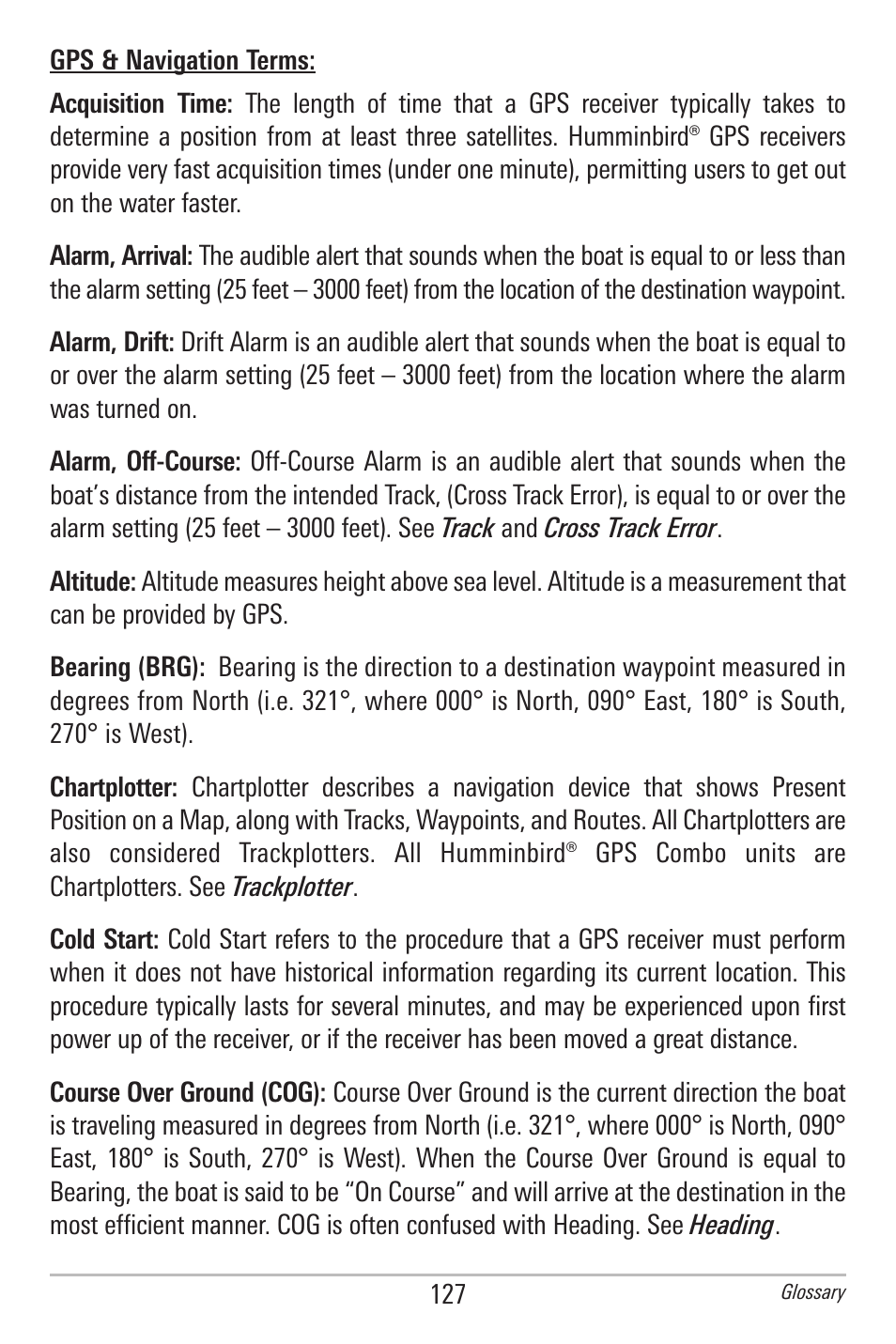 Gps & navigation terms | Humminbird 597ci User Manual | Page 137 / 143