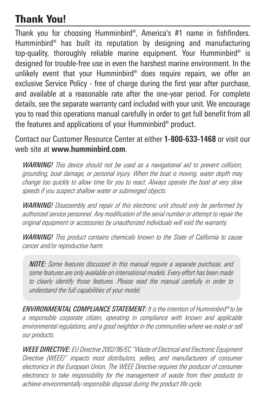 Thank you, Warnings | Humminbird 597ci User Manual | Page 2 / 143