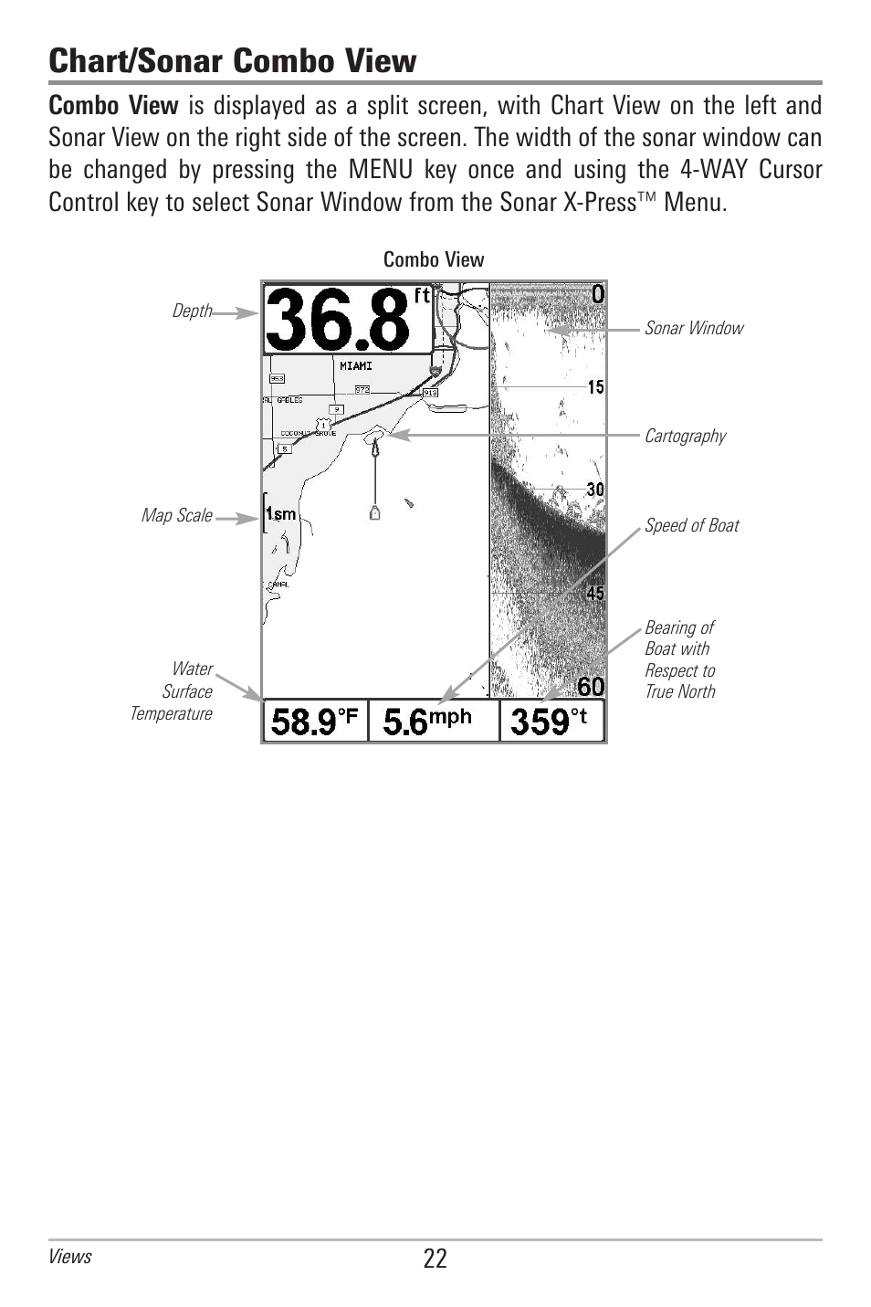 Chart/sonar combo view | Humminbird 597ci User Manual | Page 32 / 143