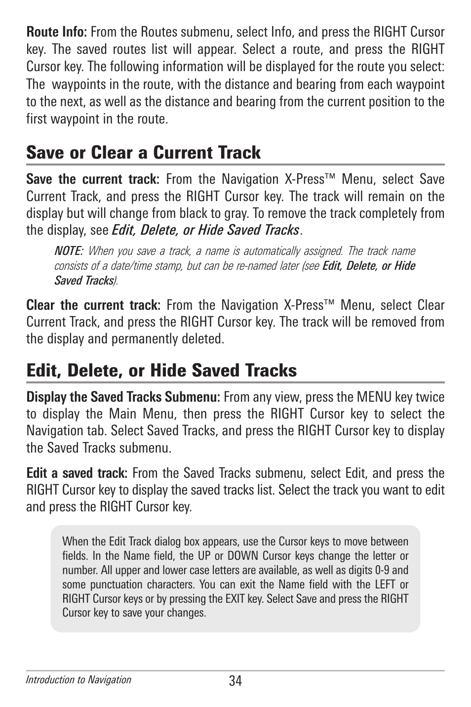 Save or clear a current track, Edit, delete, or hide saved tracks | Humminbird 597ci User Manual | Page 44 / 143