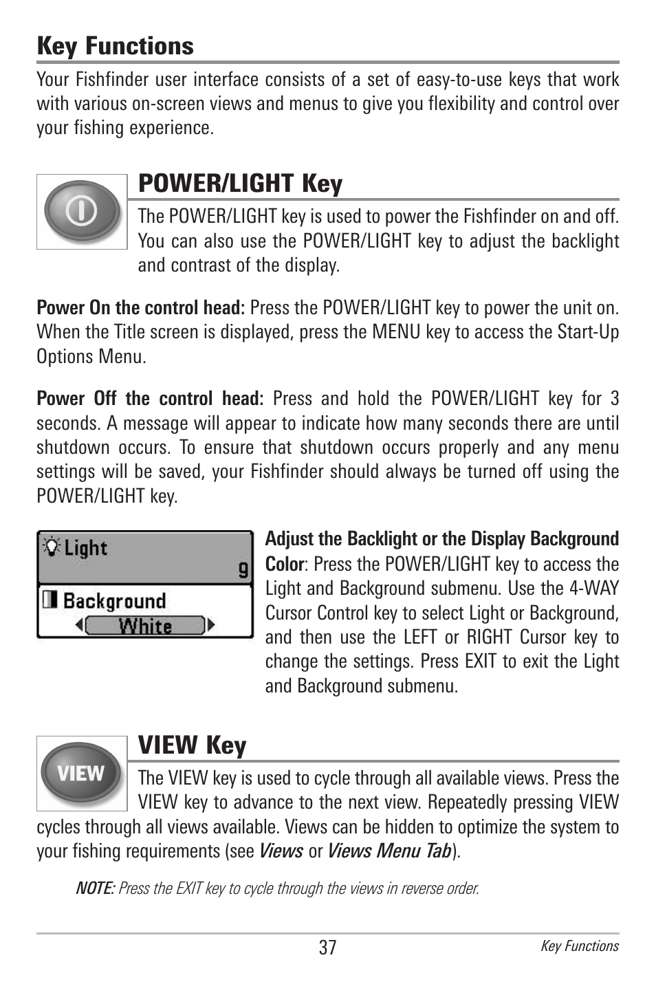 Key functions, Power/light key, View key | Humminbird 597ci User Manual | Page 47 / 143