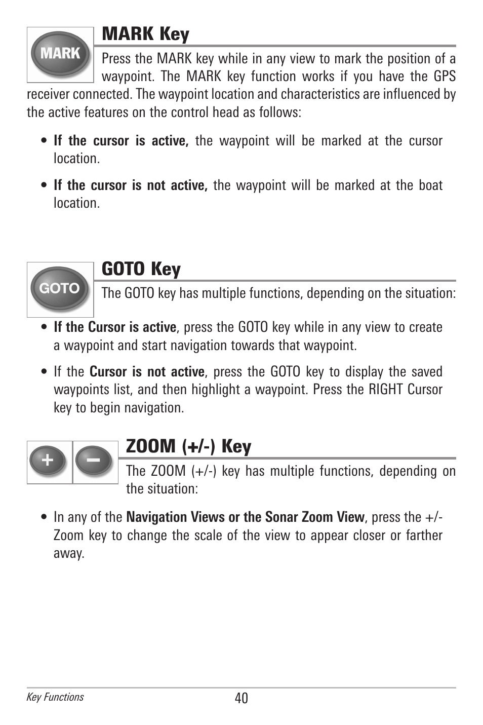 Mark key, Goto key, Zoom (+/-) key | Humminbird 597ci User Manual | Page 50 / 143