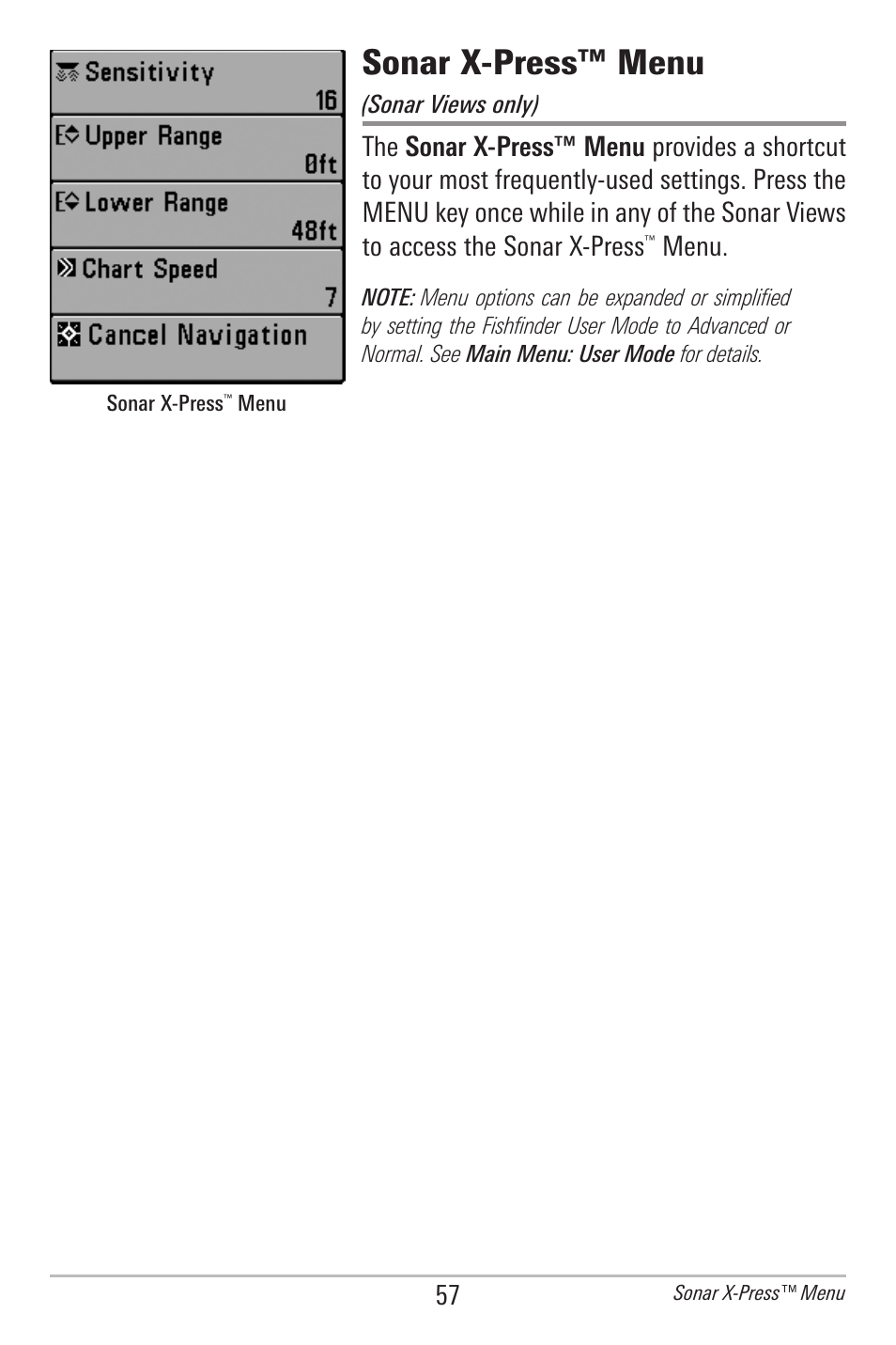 Sonar x-press™ menu, Menu | Humminbird 597ci User Manual | Page 67 / 143