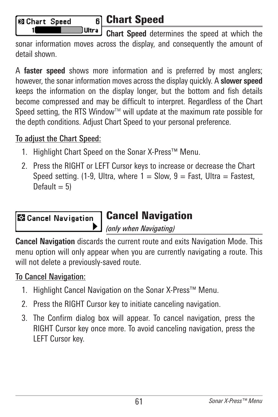 Chart speed, Cancel navigation | Humminbird 597ci User Manual | Page 71 / 143