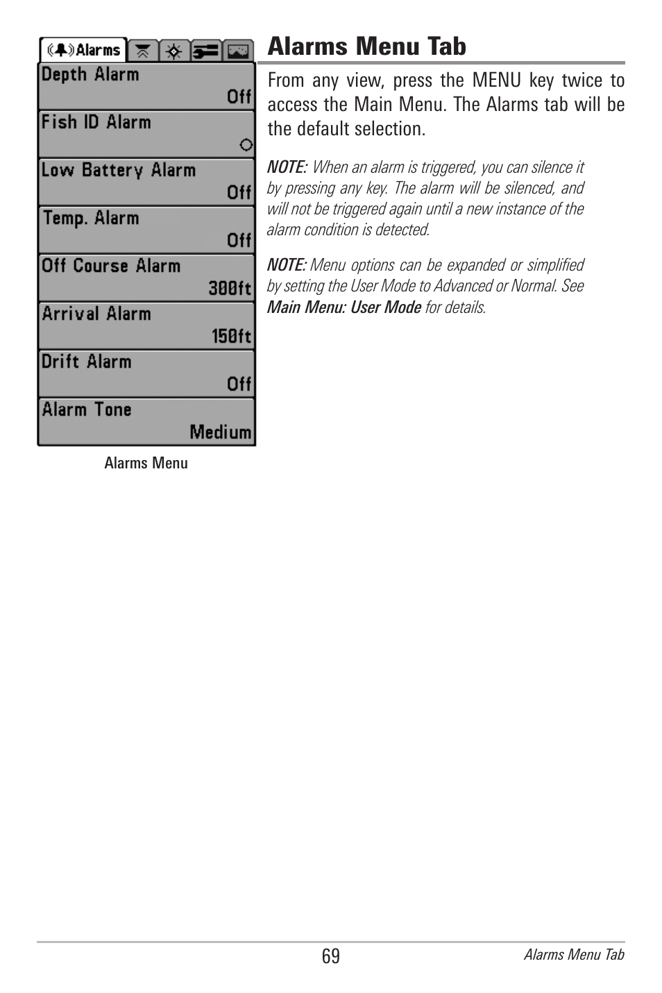 Alarms menu tab | Humminbird 597ci User Manual | Page 79 / 143