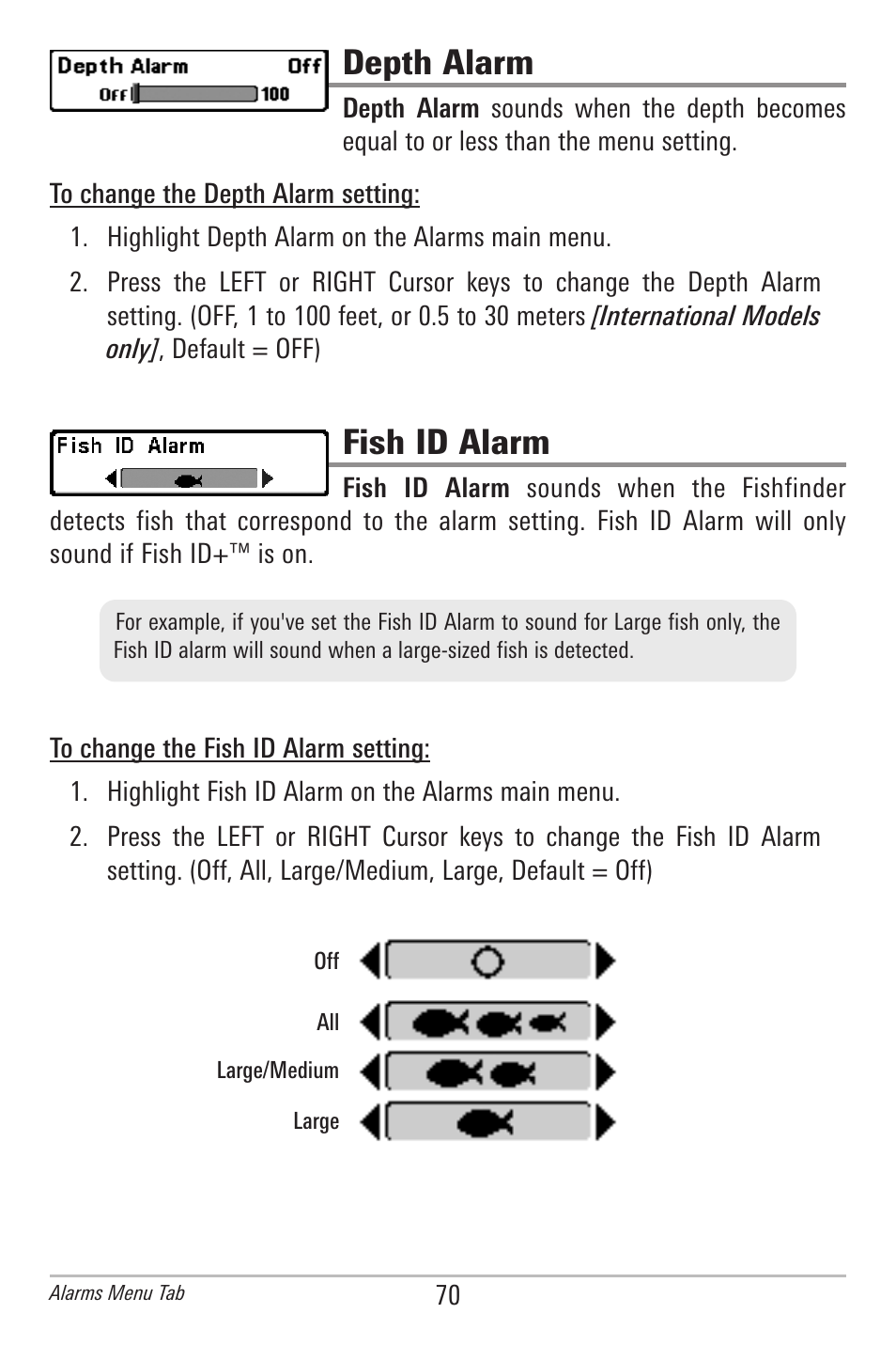 Depth alarm, Fish id alarm | Humminbird 597ci User Manual | Page 80 / 143