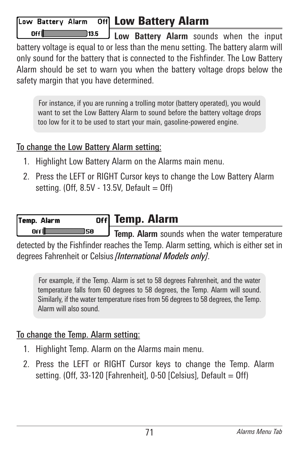 Low battery alarm, Temp. alarm | Humminbird 597ci User Manual | Page 81 / 143