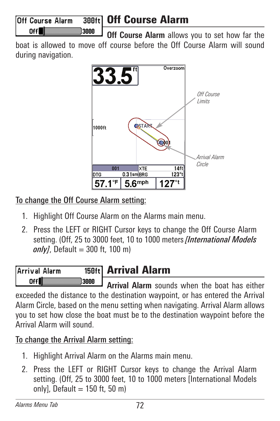 Off course alarm, Arrival alarm | Humminbird 597ci User Manual | Page 82 / 143