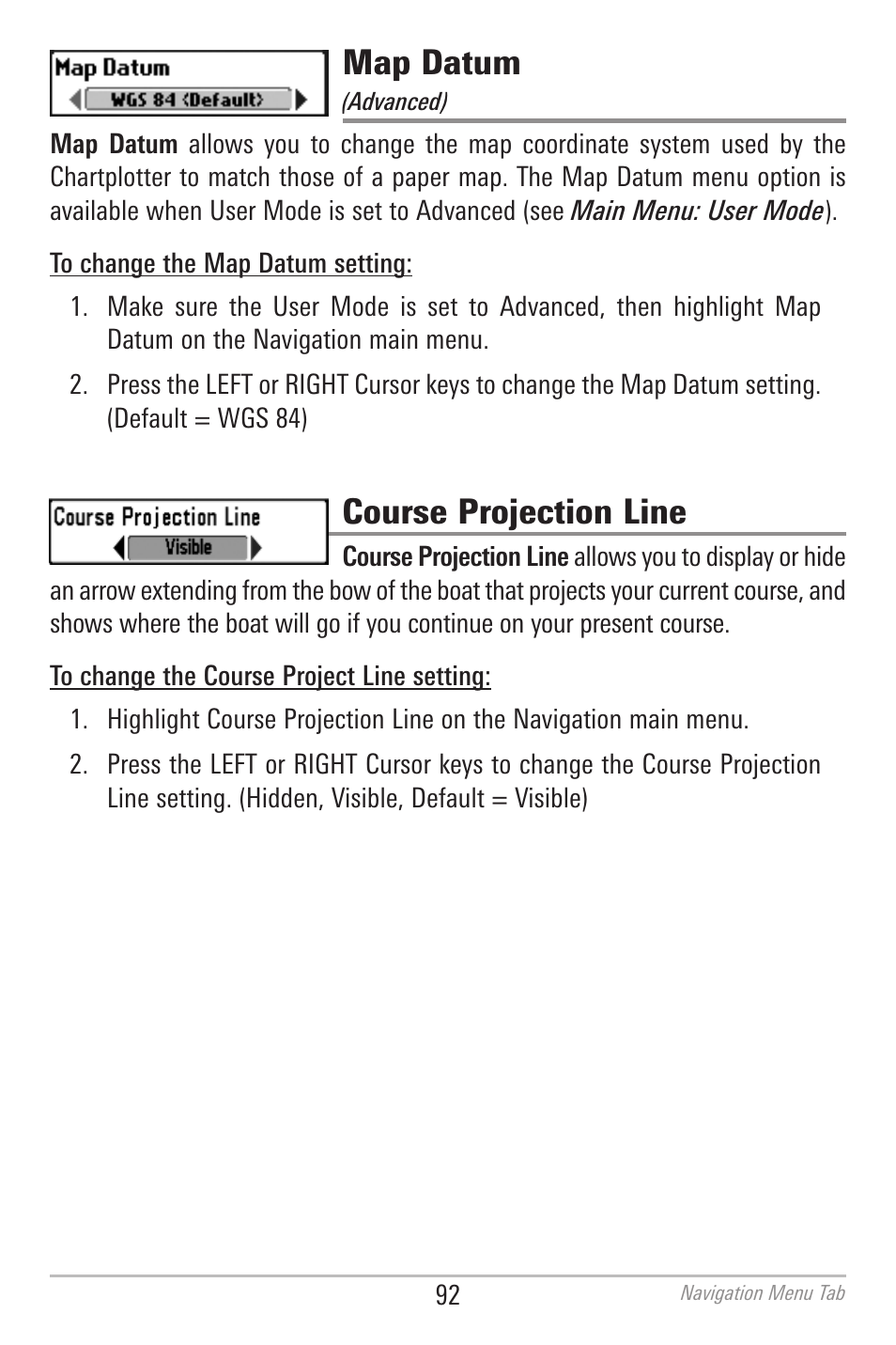 Map datum, Course projection line | Humminbird 700 SERIES 786CI User Manual | Page 101 / 138