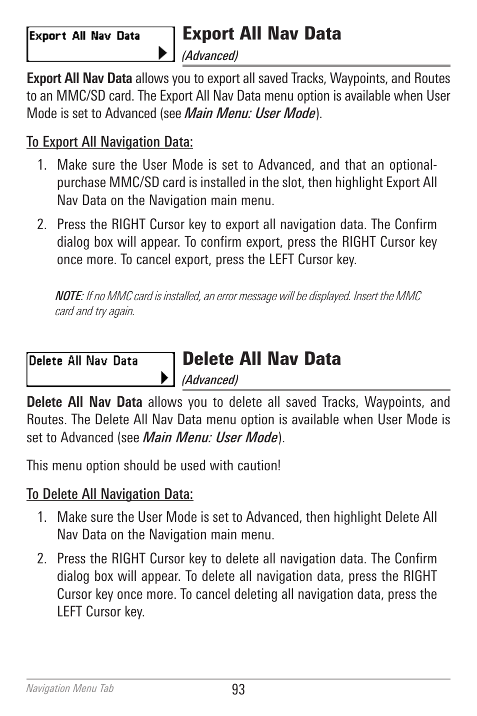 Export all nav data, Delete all nav data | Humminbird 700 SERIES 786CI User Manual | Page 102 / 138